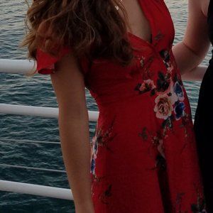 Red floral wrap dress